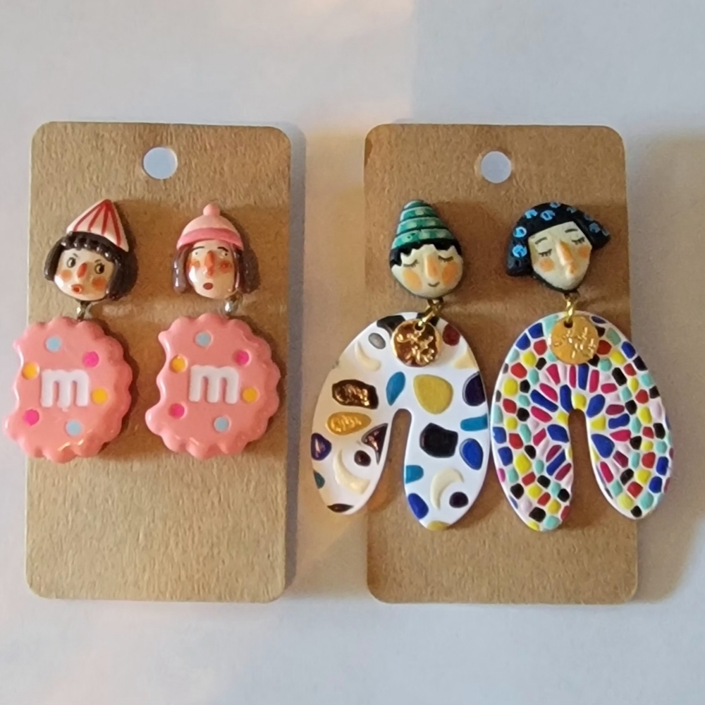 2 Pairs Colorful Character Fun Funky Earrings